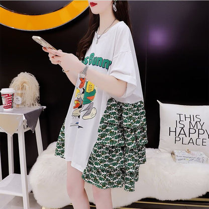 デザイン感 プリント チャーミング Tシャツ カットソー ワンピース＜U-3508＞