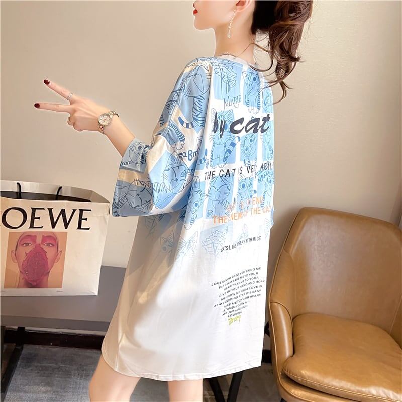 【半額！期間限定！！】大好評 プリント 猫柄 ロング Tシャツ 四色 ゆったりワンピース ＜U-4017＞