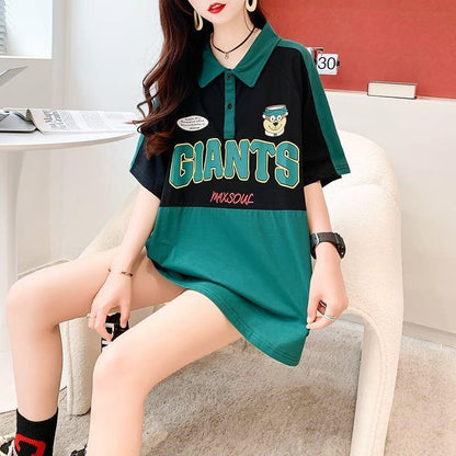 ファッションカジュアルネットレッドルーズポロカラー半袖Tシャツ<U-2856>