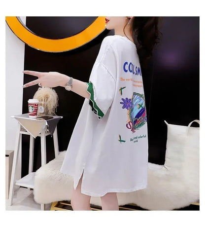 アルファベット プリント ドロップショルダー ロングTシャツ ゆったり＜U-2888＞