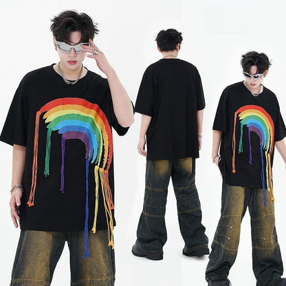 好感度UP 虹ロゴ タッセル ゆったり Tシャツ 全2色 ユニセックス半袖<U-4863>