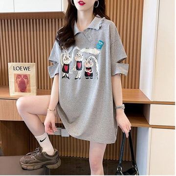 美人度アップ 折り襟 可愛いウサギちゃん プリントロング Tシャツ ゆったり半袖 ＜U-2956＞