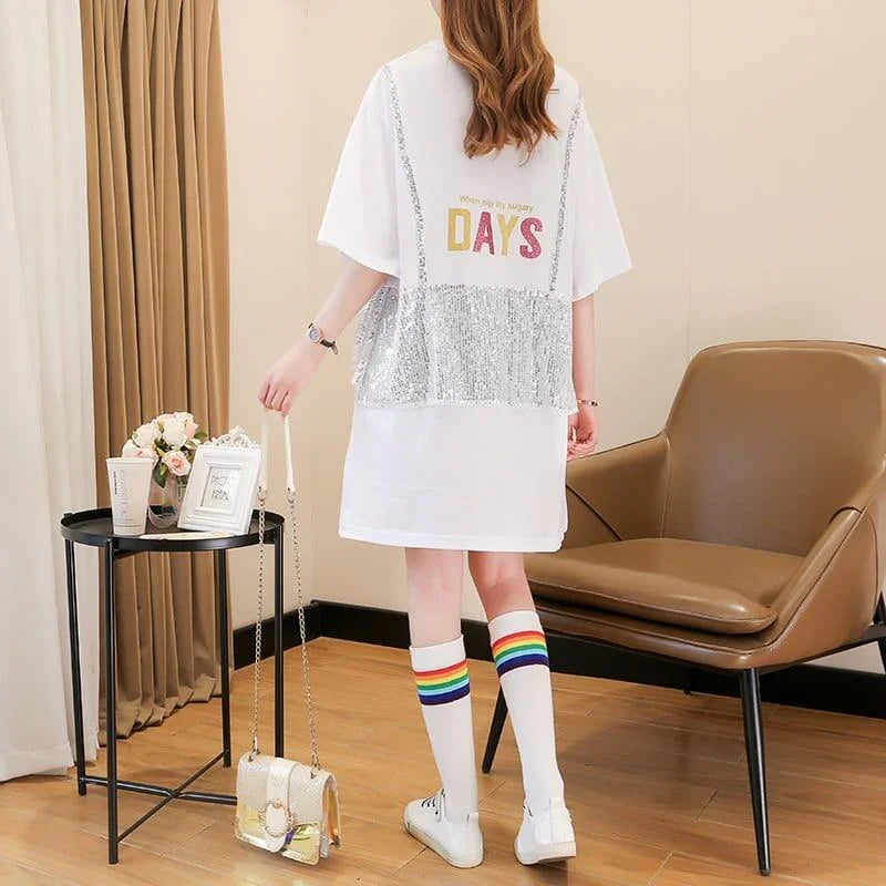 おすすめ アルファベット スパンコール プリントTシャツ ゆったりワンピース＜U-2993＞