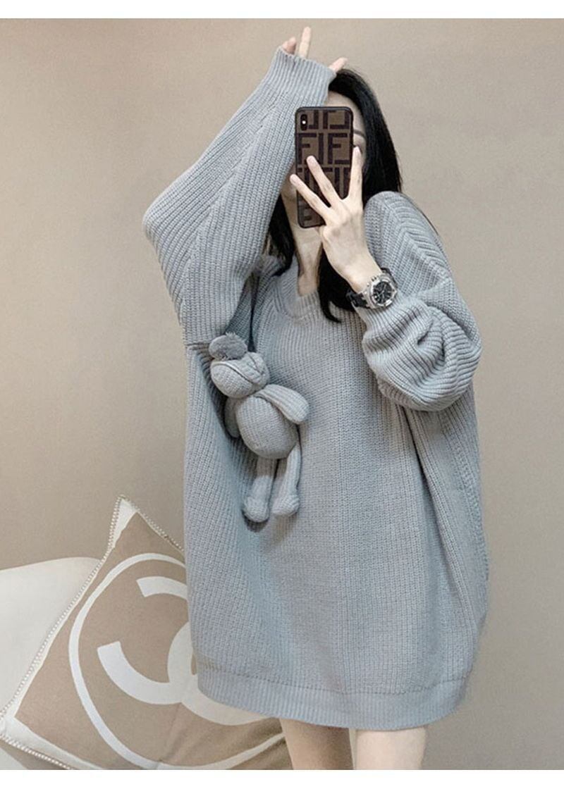 気質満点ぬいぐるみ付きグレーゆったりニットセーター＜U-4659＞