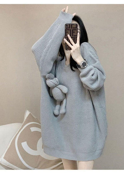 気質満点ぬいぐるみ付きグレーゆったりニットセーター＜U-4659＞