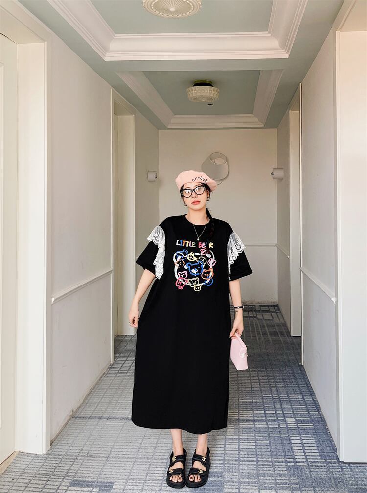 おすすめ レース ファッション 切り替え プリント Tシャツ カットソー ワンピース＜U-8535＞