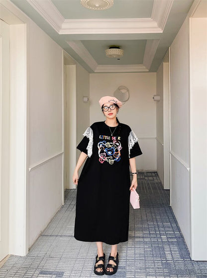 おすすめ レース ファッション 切り替え プリント Tシャツ カットソー ワンピース＜U-8535＞