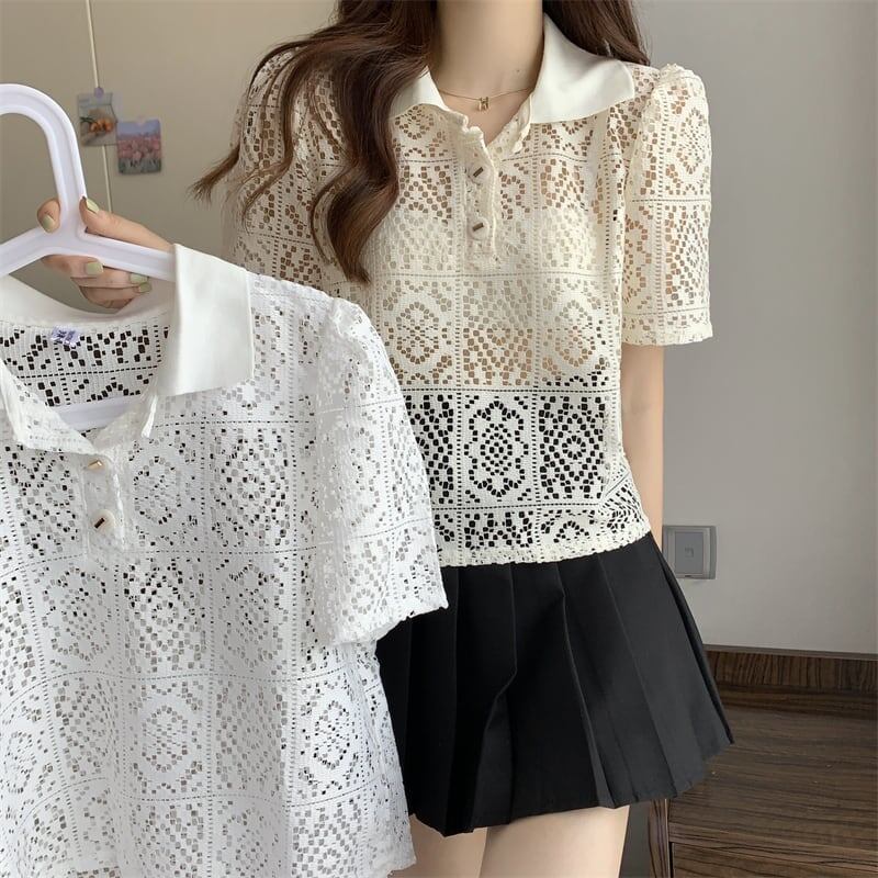 ファッション 透かし彫り 美人度アップ POLOネック Tシャツ カットソー＜U-3234＞