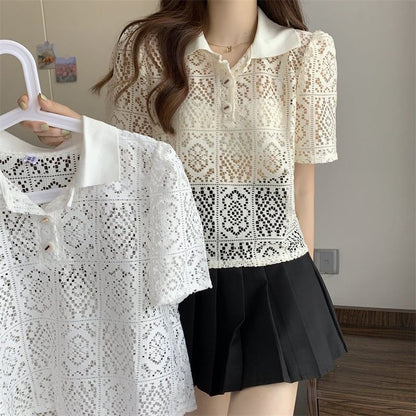 ファッション 透かし彫り 美人度アップ POLOネック Tシャツ カットソー＜U-3234＞
