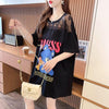 ファッションデザインレースミドル丈半袖Tシャツ<U-3017>