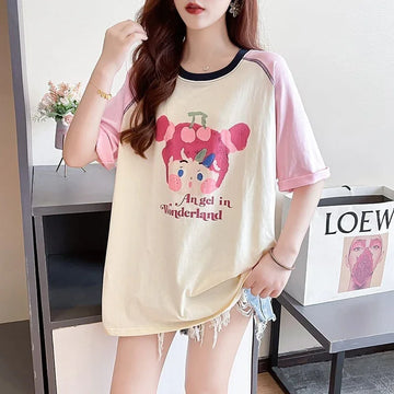 女子マスト ラグランTシャツ カラーマッチング ライトパープル アルファベットプリント半袖 ＜U-2974＞