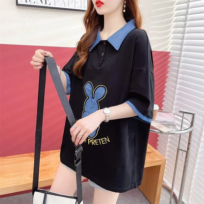 韓国系 ウサギちゃん POLOネック プリントTシャツ 三色 ゆったり半袖 ＜U-3056＞