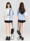 話題沸騰中 キュートストライプ柄 ファッション 切り替え 半袖Tシャツ＜U-8695＞