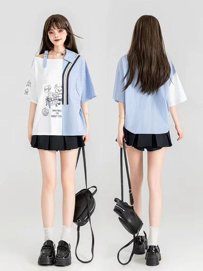 話題沸騰中 キュートストライプ柄 ファッション 切り替え 半袖Tシャツ＜U-8695＞