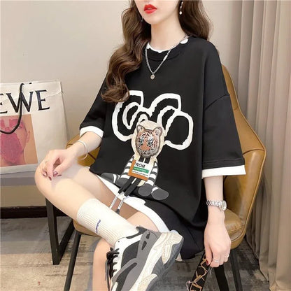 気質ルーズ漫画プリントミッドレングス半袖Tシャツ<U-3026>