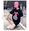 レースステッチアイスシルクニットルーズラビットプリント半袖Tシャツ<U-5038>
