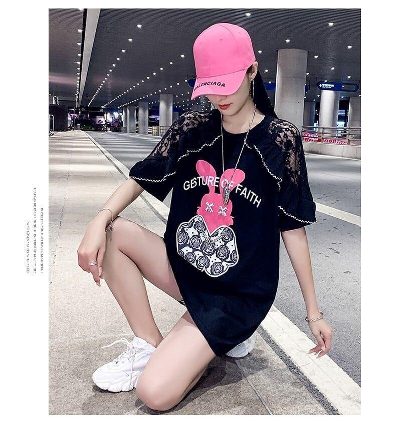 レースステッチアイスシルクニットルーズラビットプリント半袖Tシャツ<U-5038>
