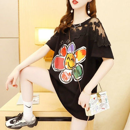 大人可愛い 切り替え レース 透かし彫り プリント全2色 半袖Tシャツ カットソー ＜U-8560＞