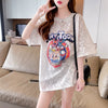 ハイエンドデザインセンスレース中空ルーズミドル丈半袖Tシャツ<U-3035>