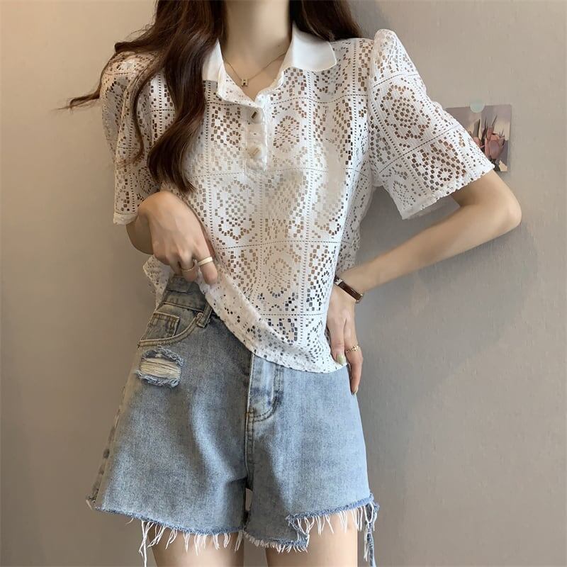 ファッション 透かし彫り 美人度アップ POLOネック Tシャツ カットソー＜U-3234＞