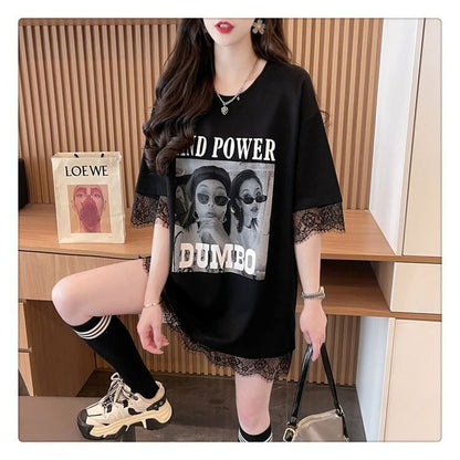 売り切れ必至 レース ファッション 切り替え ゆったり 半袖Tシャツ＜U-8480＞