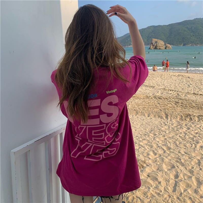 着心地良い プリント アルファベット ロング Tシャツ ゆったり半袖 ＜U-2851＞