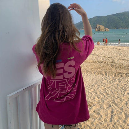 着心地良い プリント アルファベット ロング Tシャツ ゆったり半袖 ＜U-2851＞