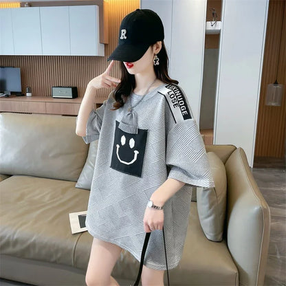 エレガントな立体ジャガードルーズウールパッチステッチ半袖Tシャツ<U-2901>