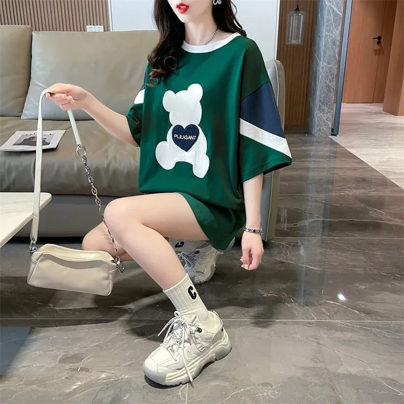 カジュアルルーズワッペン刺繍ステッチカラーブロック半袖Tシャツ<U-2870>