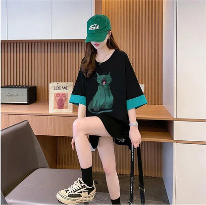 ユニークなデザイン気質のカラーブロック半袖Tシャツ<U-2900>