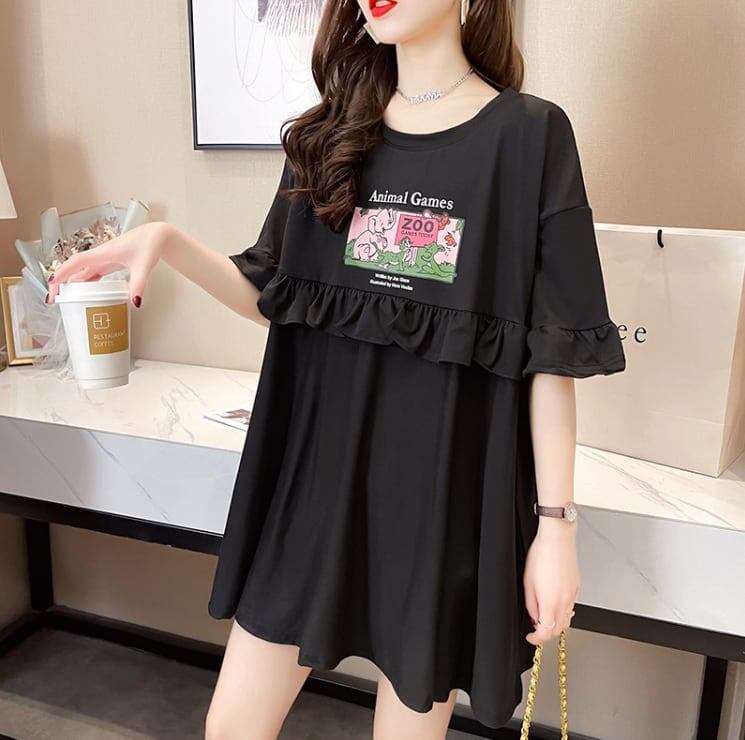 ミドル丈のイレギュラー半袖Tシャツワンピース<U-5007>
