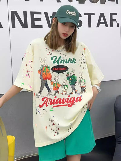 早い者勝ち キュート ファッション ルーズ 落書き風 プリント半袖Tシャツ 全3色<U-4913>