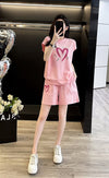 超人気 ホットダイヤモンド カジュアル プリント 半袖Tシャツ ショートパンツ セットアップ ＜U-9215＞