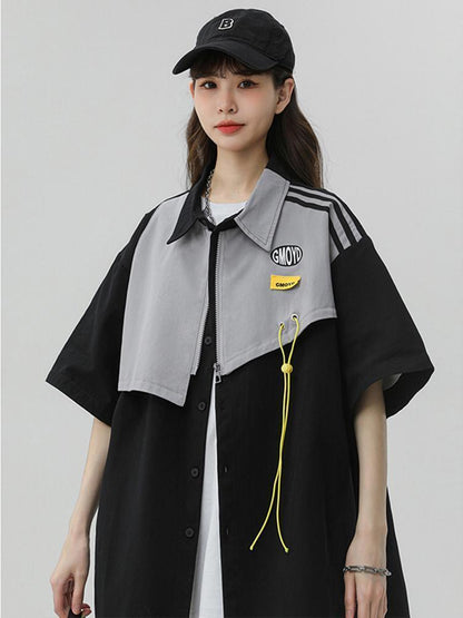 シンプルだけど一癖あるコーデ 切り替え レイヤード風 全2色 半袖Tシャツ<U-9046>