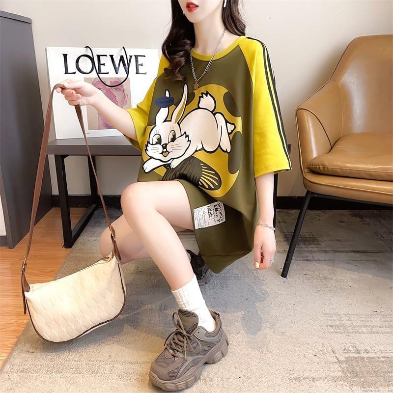 好感度UP グラフィック ストライプ柄 ラグランTシャツ ゆったり ワンピース＜U-3994＞