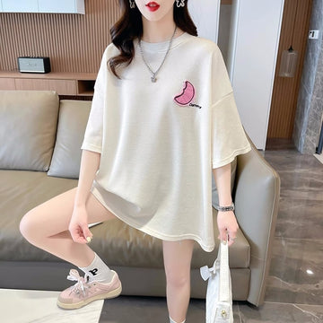 可愛いピンク月柄 Tシャツ 刺?入り 丸襟 半袖＜U-2832＞