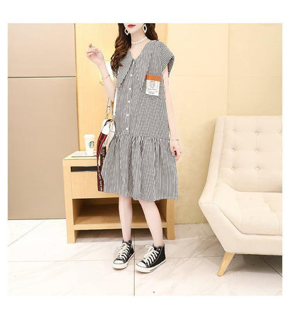 洋風VネックワンピースTシャツゆったりスリム半袖スカート<2857>