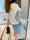大人可愛いレイヤード風ボーダー柄長袖Ｔシャツホワイトトップス＜isf-4301＞