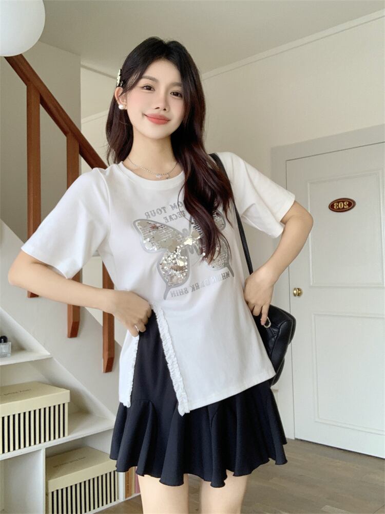 絶対欲しい キュート 超人気 ピンク プリント スパンコール 3色選択 半袖Tシャツ＜U-8570＞