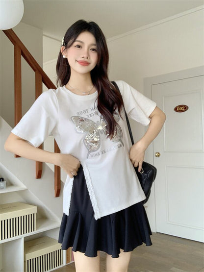 絶対欲しい キュート 超人気 ピンク プリント スパンコール 3色選択 半袖Tシャツ＜U-8570＞