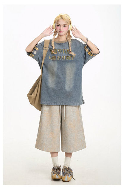 デニム 売れ筋 おすすめ 絶対流行 早い者勝ち カジュアル男女兼用 2色選択 Tシャツ<U-11340>