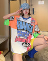 スタイルアップ効果抜群 レース アバンギャルド ダブルプリント全2色 半袖Tシャツ<U-8980>