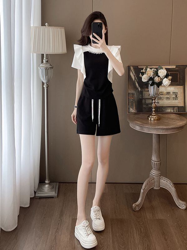 新商品 ホットダイヤモンド 絶対欲しい 切り替え 半袖 Tシャツ ショートパンツ セットアップ<U-8864>