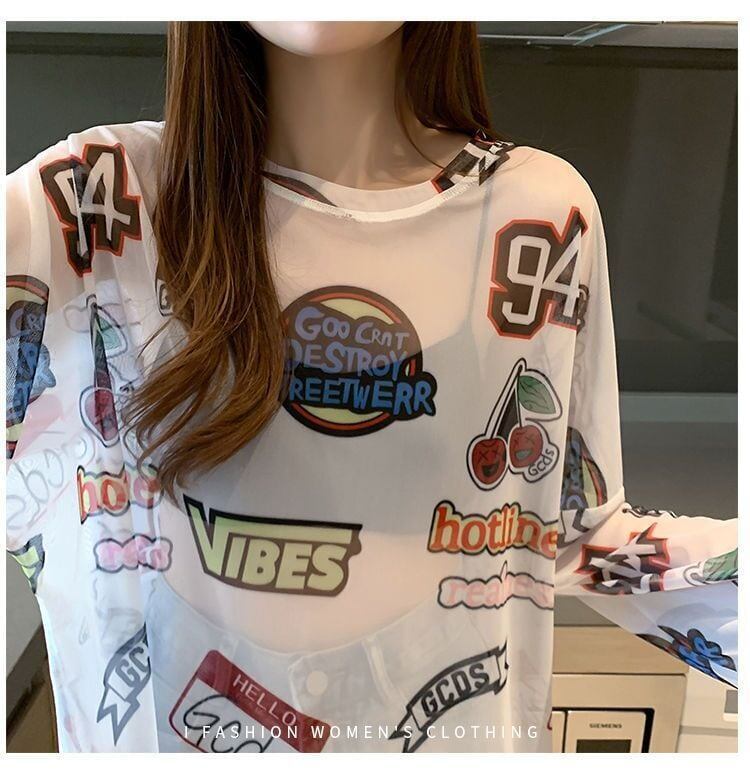 超人気 ルーズ 個性派 日焼け防止に透け感 Tシャツ＜U-8052＞