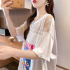 ファッションデザインレースミドル丈半袖Tシャツ<U-3017>