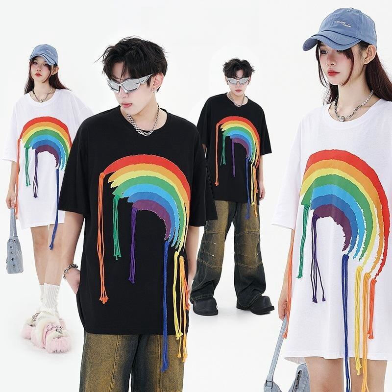 好感度UP 虹ロゴ タッセル ゆったり Tシャツ 全2色 ユニセックス半袖<U-4863>
