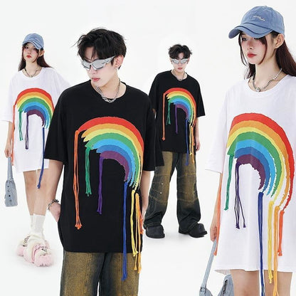 好感度UP 虹ロゴ タッセル ゆったり Tシャツ 全2色 ユニセックス半袖<U-4863>