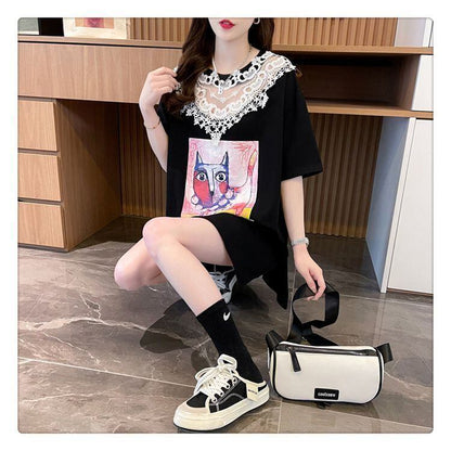 新商品 透かし彫り キュート レース 切り替え ゆったり 半袖Tシャツ＜U-8472＞