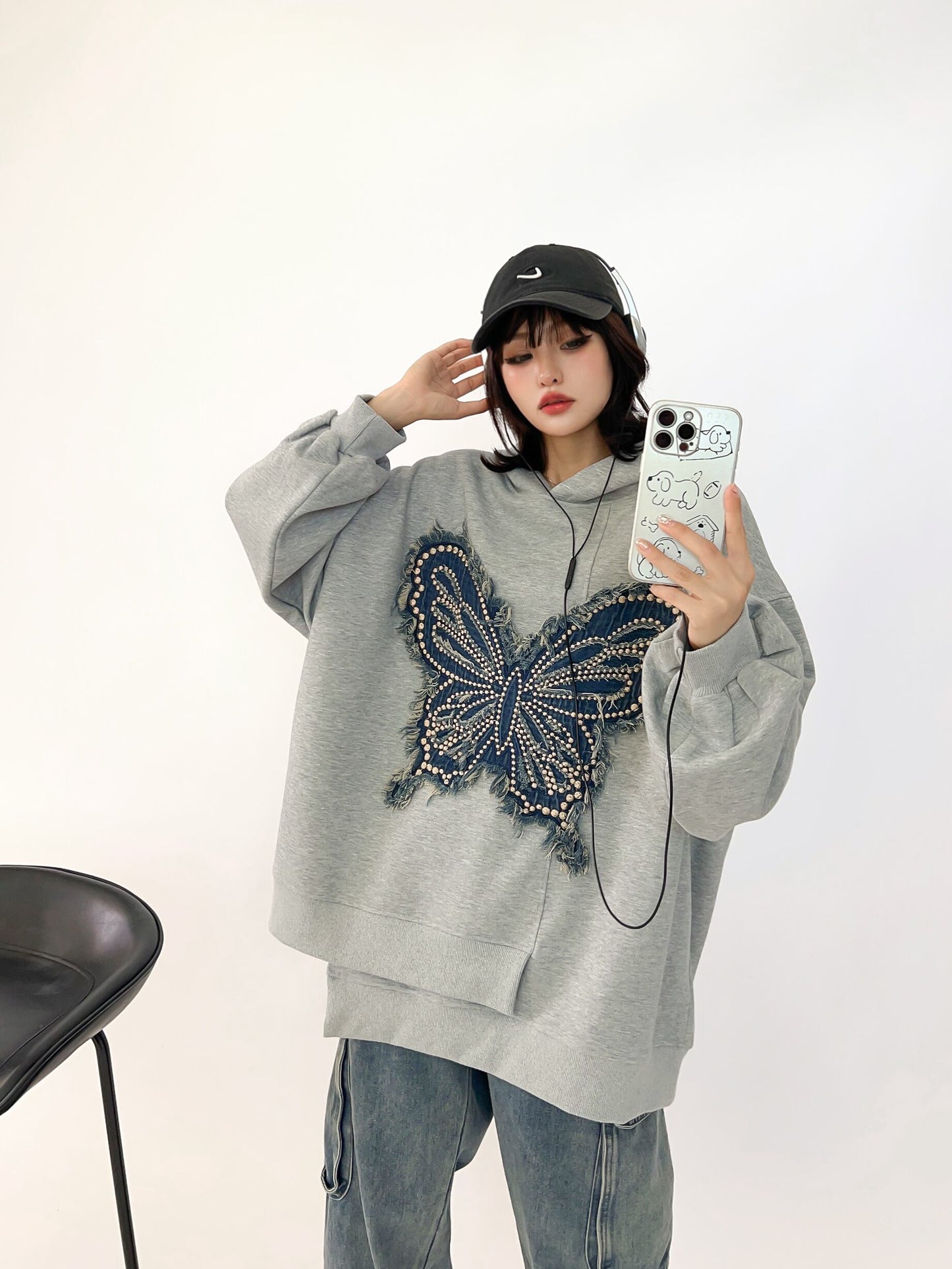都市ファッショ デザイン オシャレ おしゃれ度高め 刺繍 ホットダイヤモンド カジュアル 3色選択 パーカー<U-9290>