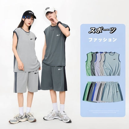 売り切れ必至 ファッション 超人気 男女兼用 ノースリーブＴシャツⅹパンツセット全5色<U-8754>